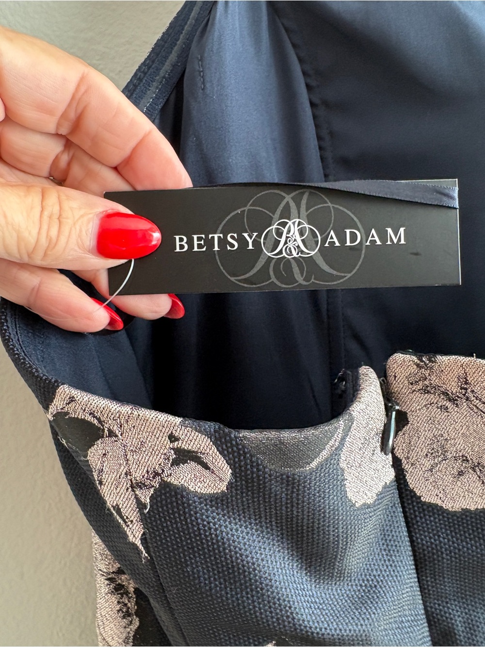 Betsy & Adam Black Strapless Floral Ball Gown with Silver-Taupe Roses - Picture 3 of 4